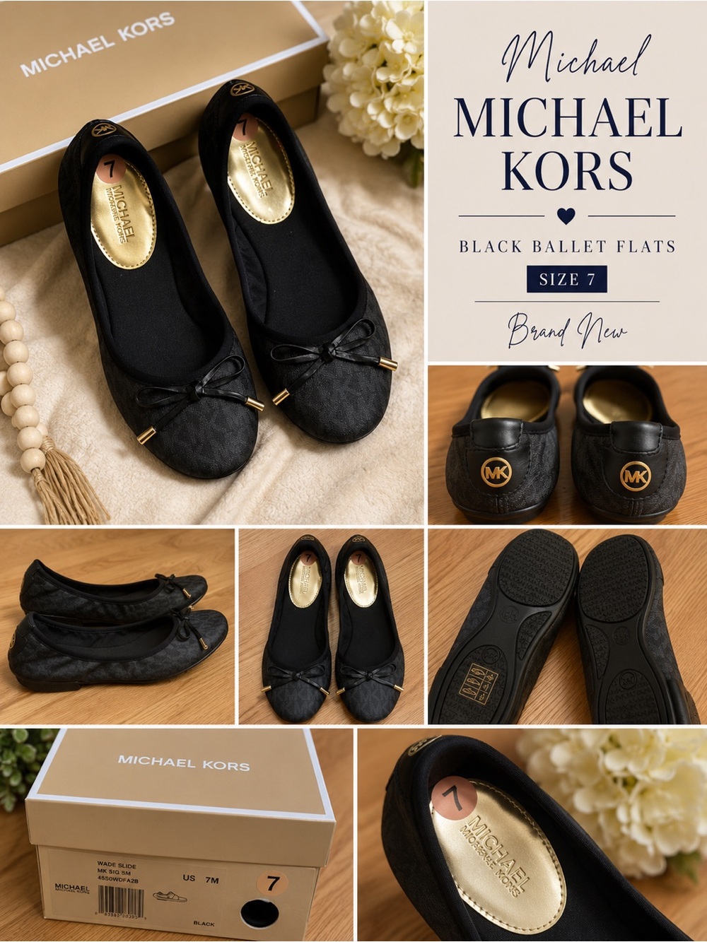 New MICHAEL Michael Kors Women's Black Ballerina Flats 7 M size